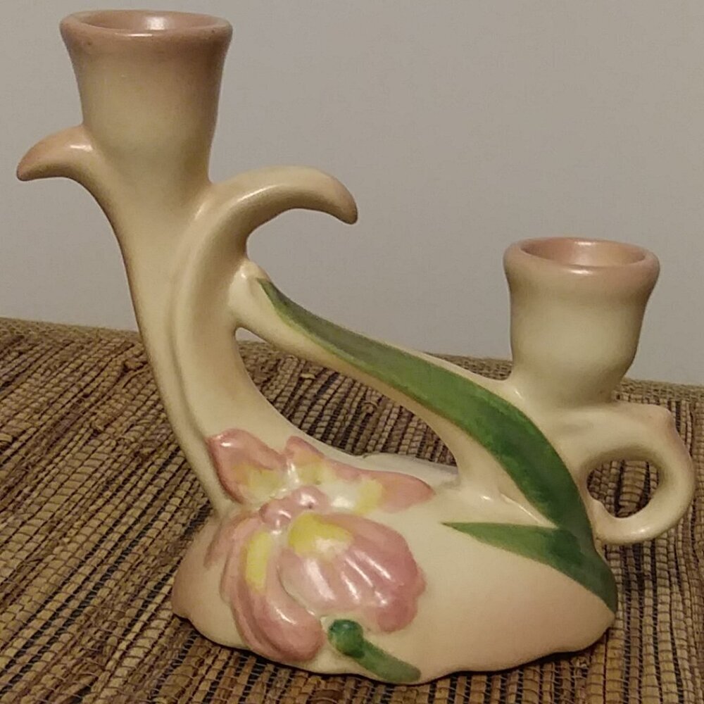 Vintage 1930s Camark Pottery Twin Candle Holder – Pink Iris Floral Art Deco US